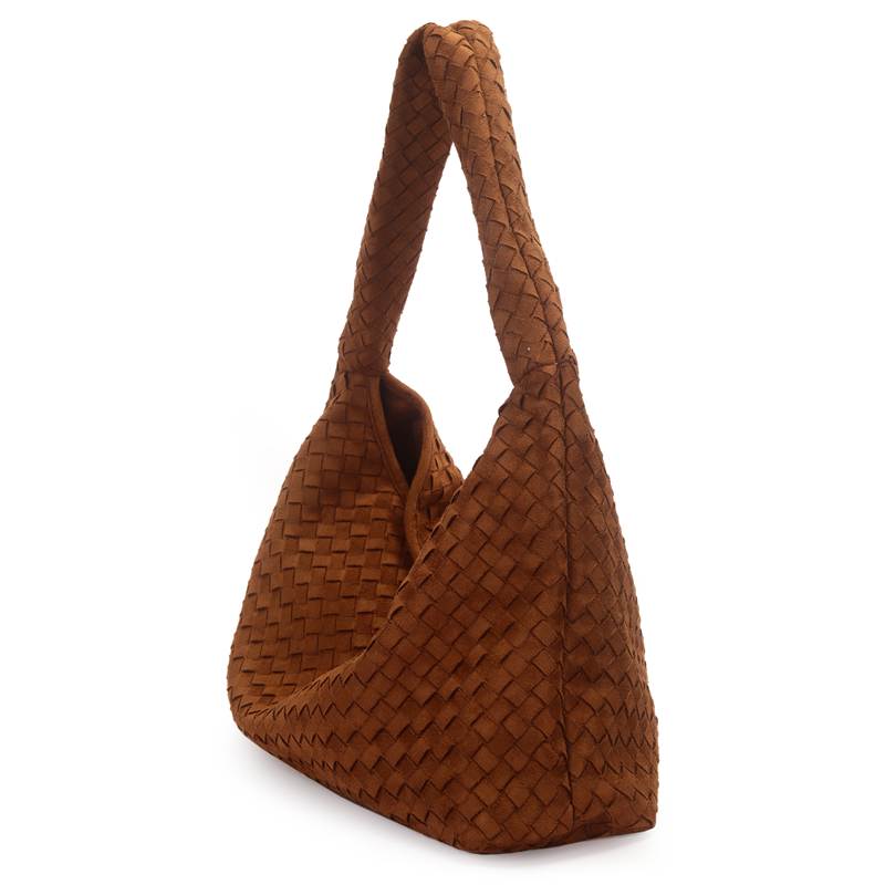 Bolsa feminina WJ caramelo vista lateral mostrando estrutura e alça larga